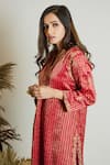 Shop_Maliha by Anar and Anoli_Red Chanderi Silk V Neck Striped Kurta And Pant Set _at_Aza_Fashions