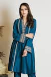 Shop_Maliha by Anar and Anoli_Blue Chanderi Silk V Neck Kurta And Pant Set  _at_Aza_Fashions