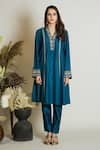 Maliha by Anar and Anoli_Blue Chanderi Silk V Neck Kurta And Pant Set  _Online_at_Aza_Fashions