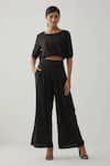 Buy_TIC_Black Cotton Plain Solid Boat Neck Puff Sleeve Crop Top And Pant Set _at_Aza_Fashions