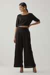 Buy_TIC_Black Cotton Plain Solid Boat Neck Puff Sleeve Crop Top And Pant Set _Online_at_Aza_Fashions