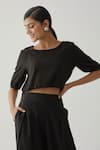 TIC_Black Cotton Plain Solid Boat Neck Puff Sleeve Crop Top And Pant Set _at_Aza_Fashions