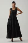 Buy_TIC_Black Cotton Plain Solid V Neck Tiered Ruffle Maxi Dress _at_Aza_Fashions