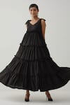 Shop_TIC_Black Cotton Plain Solid V Neck Tiered Ruffle Maxi Dress _Online_at_Aza_Fashions