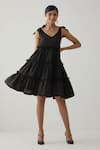 Buy_TIC_Black Cotton Plain Solid V Neck Tiered Ruffle Dress _at_Aza_Fashions