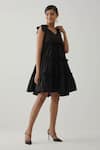 TIC_Black Cotton Plain Solid V Neck Tiered Ruffle Dress _Online_at_Aza_Fashions