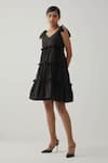 Buy_TIC_Black Cotton Plain Solid V Neck Tiered Ruffle Dress _Online_at_Aza_Fashions