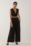 Buy_TIC_Black Cotton Plain Solid Plunge Neck Collared Crop Top And Pant Set _at_Aza_Fashions