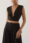 TIC_Black Cotton Plain Solid Plunge Neck Collared Crop Top And Pant Set _at_Aza_Fashions