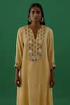 Buy_5Elements_Beige Pleated Polyester Mix Embellishment Brooch Woven Leaf Pattern Tunic _Online_at_Aza_Fashions