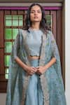 Maliha by Anar and Anoli_Blue Raw Silk Block And Hand Embroidered Floral & Pant Set  _Online_at_Aza_Fashions