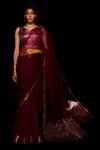 Buy_Amit Aggarwal_Maroon Georgette V Neck Organza Saree With Blouse _at_Aza_Fashions