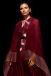 Buy_Amit Aggarwal_Maroon Organza Cape And Silk Chanderi Pant Set_Online_at_Aza_Fashions