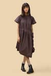 Shop_Chillosophy_Brown Poplin Band Collar Asymmetric Anti-fit Dress _Online_at_Aza_Fashions