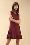 Buy_Chillosophy_Maroon European Crepe Round Short Dress With Pleats  _at_Aza_Fashions