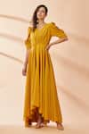 Aakaar_Yellow Moss Crepe V Neck Puff Sleeves Gown _Online_at_Aza_Fashions