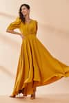 Buy_Aakaar_Yellow Moss Crepe V Neck Puff Sleeves Gown _at_Aza_Fashions