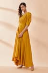 Buy_Aakaar_Yellow Moss Crepe V Neck Puff Sleeves Gown _Online_at_Aza_Fashions