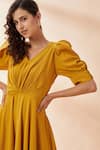 Shop_Aakaar_Yellow Moss Crepe V Neck Puff Sleeves Gown _Online_at_Aza_Fashions