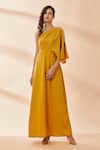 Buy_Aakaar_Yellow Moss Crepe Pearl And Cutdana One Shoulder Gown _at_Aza_Fashions