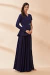 Aakaar_Blue Moss Crepe Embroidery Cutdana Asymmetric Blazer Style Gown _Online_at_Aza_Fashions