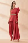 Buy_Aakaar_Red Silk Tissue One Shoulder Top And Draped Pant Set _at_Aza_Fashions