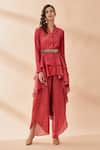 Buy_Aakaar_Red Silk Tissue Collared Neck Layered Top And Draped Pant Set _at_Aza_Fashions