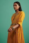 5elements_Yellow 100% Cotton With Silk Brocade Yoke Paisley Pattern Anarkali Set _Online_at_Aza_Fashions