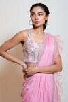Buy_Smriti By Anju Agarwal_Pink Saree Chinnon Embroidery Sequin Square Neck Pre-draped With Blouse _Online_at_Aza_Fashions