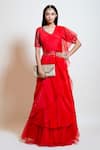 Buy_Smriti by Anju Agarwal_Red Lehenga Saree Crepe Embroidery Floral Leaf Neck Pre-draped With Blouse _at_Aza_Fashions