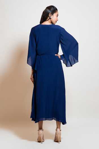 Shop_Smriti By Anju Agarwal_Blue Georgette, Lining Taffeta Mirror Work Notched Asymmetric Sleeve Kaftan _at_Aza_Fashions