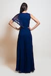 Shop_Smriti By Anju Agarwal_Blue Georgette, Lining Taffeta Sequin And Bead Work, Wired Draped Flared Jumpsuit _at_Aza_Fashions