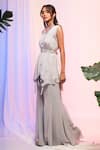 Smriti By Anju Agarwal_Grey Sharara Georgette, Top Chinon Sequin Work Peplum Tunic And Hipster Pant Set _Online_at_Aza_Fashions