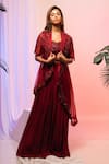 Buy_Smriti by Anju Agarwal_Maroon Jacket Organza Applique Work Floral Patch Wok Cape Lapel Skirt Set _at_Aza_Fashions