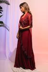 Smriti by Anju Agarwal_Maroon Jacket Organza Applique Work Floral Patch Wok Cape Lapel Skirt Set _Online_at_Aza_Fashions