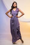 Buy_Smriti By Anju Agarwal_Purple Crepe Beads And Cutdana, Sequin V Neck Sleeveless Draped Gown _at_Aza_Fashions