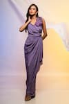 Smriti By Anju Agarwal_Purple Crepe Beads And Cutdana, Sequin V Neck Sleeveless Draped Gown _Online_at_Aza_Fashions