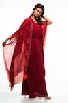 Smriti by Anju Agarwal_Maroon Cape- Georgette And Gown- Crepe Embroidery Thread & Blotch Dyed With _Online_at_Aza_Fashions