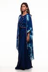 Smriti By Anju Agarwal_Blue Blouse And Skirt- Crepe, Cape- Georgette Cutdana & Blotch Dyed & Draped Set _Online_at_Aza_Fashions