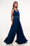 Smriti by Anju Agarwal_Blue Georgette Embroidery Cutdana Leaf Neck Draped Jumpsuit _Online_at_Aza_Fashions