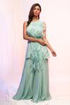Buy_Smriti By Anju Agarwal_Blue Pants- Chinnon, Top- Crepe And Organza Round Ruffle & Set _at_Aza_Fashions