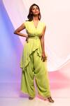 Buy_Smriti By Anju Agarwal_Green Crepe Plain V Neck Overlap Top And Pant Set _at_Aza_Fashions