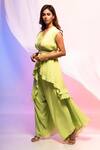 Smriti By Anju Agarwal_Green Crepe Plain V Neck Overlap Top And Pant Set _Online_at_Aza_Fashions