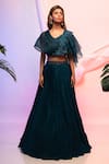 Buy_Smriti by Anju Agarwal_Blue Blouse- Crepe And Organza Embroidery Floral V Neck Pleated Lehenga & Set _at_Aza_Fashions