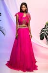 Buy_Smriti by Anju Agarwal_Fuchsia Blouse- Chinon And Organza Embroidery Floral V Neck Lehenga With _at_Aza_Fashions