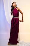 Buy_Smriti by Anju Agarwal_Magenta Chinnon Plain Halter Neck Top And Pant Set _at_Aza_Fashions