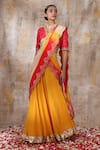 Buy_Smriti By Anju Agarwal_Yellow Blouse- Silk, Lehenga And Dupatta- Chinnon Kaakali Set With Printed _at_Aza_Fashions