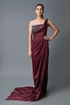 Buy_Amit Aggarwal_Maroon Satin One Shoulder Gown_at_Aza_Fashions