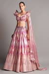 Amit Aggarwal Pink Tulle V Neck Metallic 3d Draped Blouse And Lehenga Set Online at Aza Fashions Amit Aggarwal_Pink Tulle V Neck Metallic 3d Draped Blouse And Lehenga Set _Online_at_Aza_Fashions