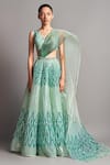 Buy_Amit Aggarwal_Green Tulle V Neck Metallic Lehenga Set_at_Aza_Fashions
